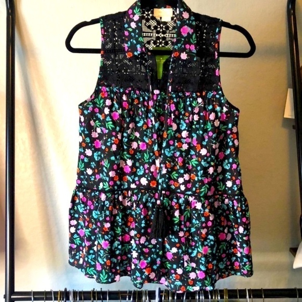 Kate Spade Greenhouse Floral Sleeveless Lace Yoke Tassel Top